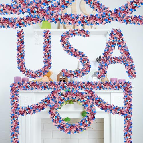50ft Patriotic Red White & Blue Metallic Tinsel Garland with Stars
