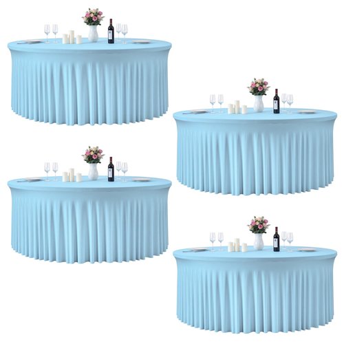 GALLETY 4 Pack Baby Blue Round Tablecloths for 6FT Tables, 132 inch Fitted Round Tablecloth with Skirt, Wrinkle Free Stretchy Table Cloth for Easter Party, Family Reunion & Spring Events