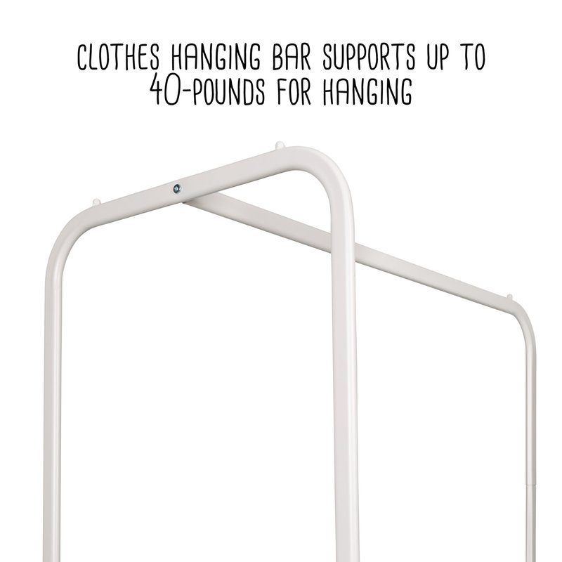 Honey-Can-Do Clothing Rack, Clothes Rack with Wood Shelf, Freestanding, Easy to Assemble Garment Rack, Standing Metal Sturdy, Small Space Storage Solution, with Shoe Storage and Wheels, White