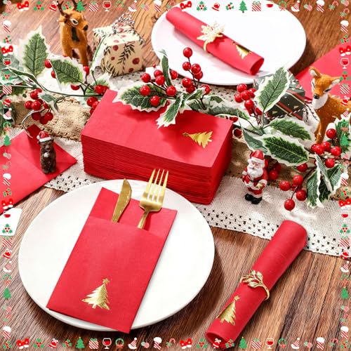 Ctosree 50 Pcs Christmas Napkins with Built-in Flatware Pocket - Red Gold Christmas Tree Theme