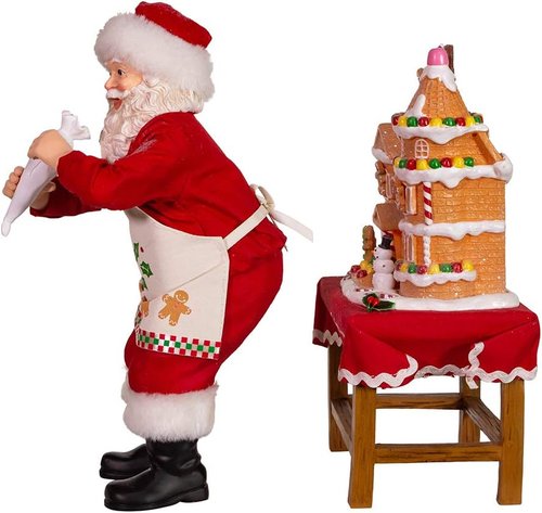 Kurt Adler 10.5-Inch LED Gingerbread House Table Piece - Battery-Operated Fabriche Santa Decor