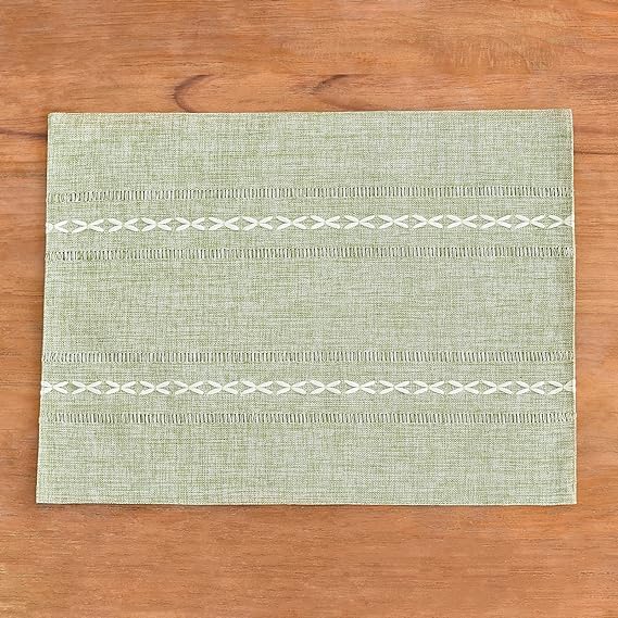 Sage Green Cotton Linen Placemats Set of 6, 12x18 Inch Embroidered Table Mats