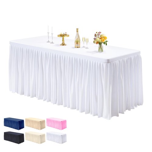 PARTISKY 1 Pack White Tablecloths for Rectangle Tables 4ft, Wrinkle Resistant White Table Cover Fitted Stretch Table Cloth with Pleated Ruffle Skirts for Party Banquet Dining Birthday Wedding