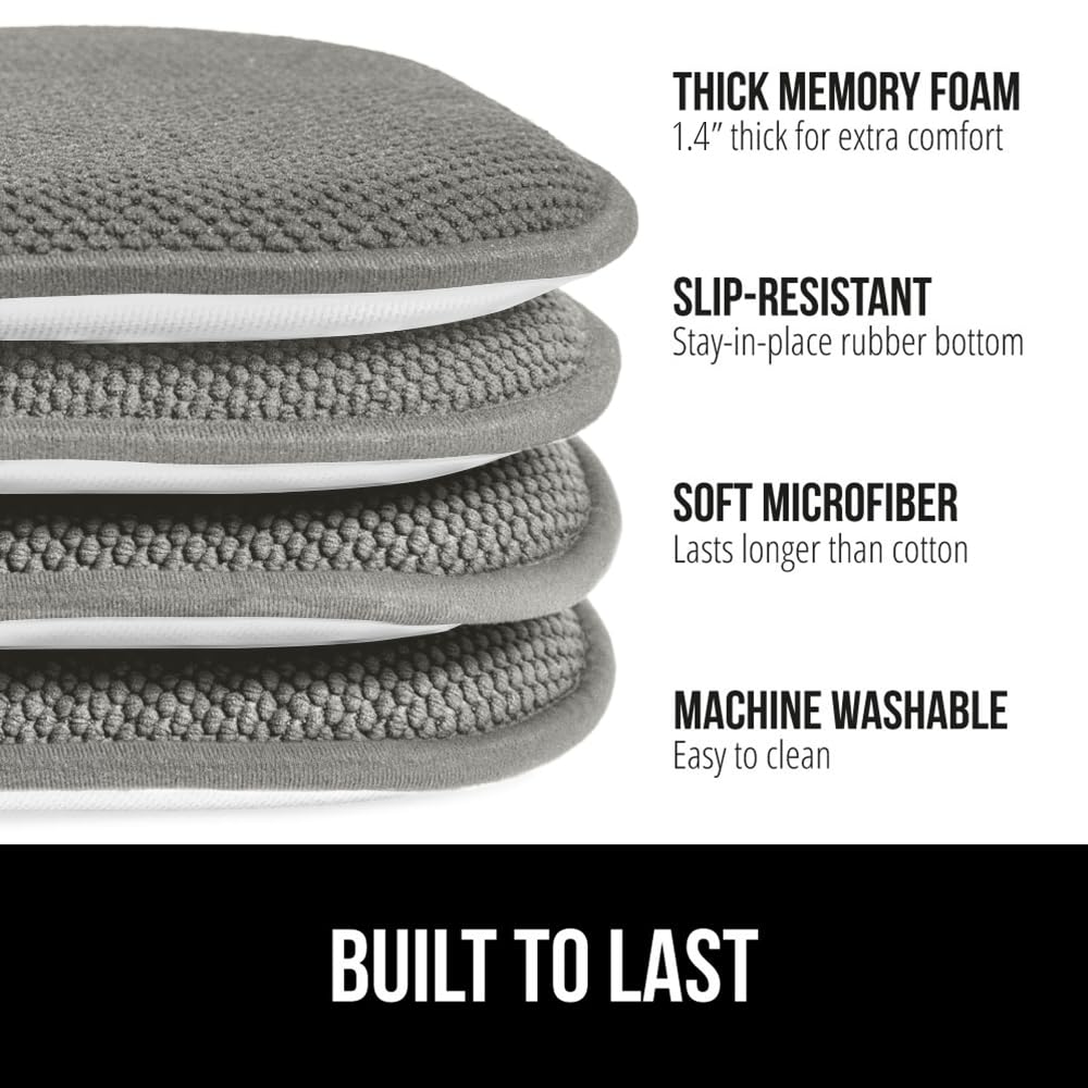 GORILLA GRIP Chair Cushions, Set of 8, 16x16, Memory Foam Pads for Dining Room, Kitchen Table, Office Desk, Rocking Chairs, Stay in Place Backing, Comfortable Microfiber Seat Cover Pad Cushion, Grey