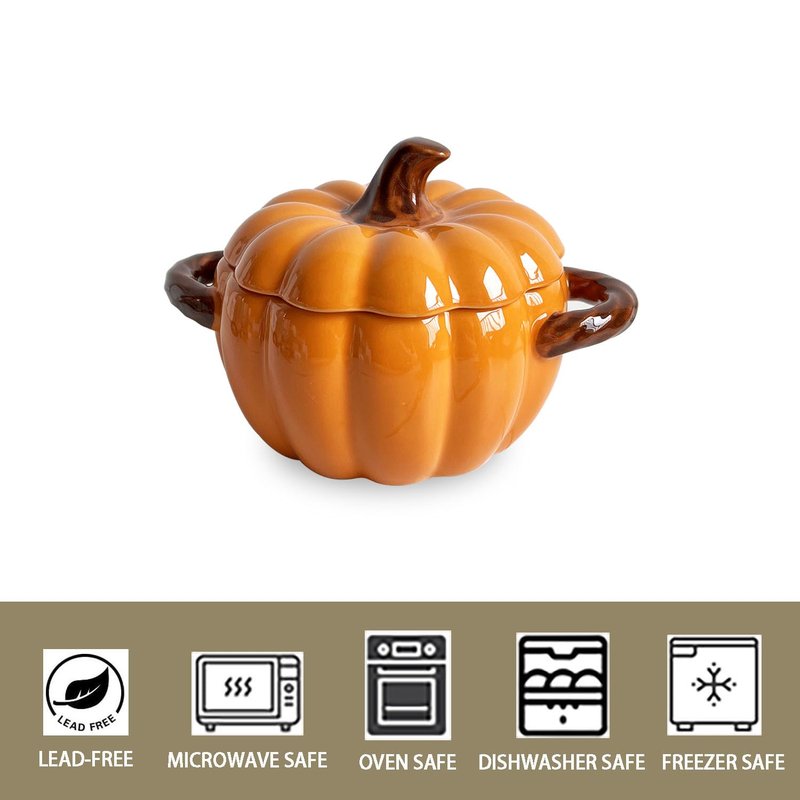 FYUEROPA 2 Pcs Pumpkin Bowl Set with Lid and Handle, 17 Oz Ceramic Ramekins for Baking, Casserole Dish Individual Severing Pot, Stoneware, Oven Safe (Orange)