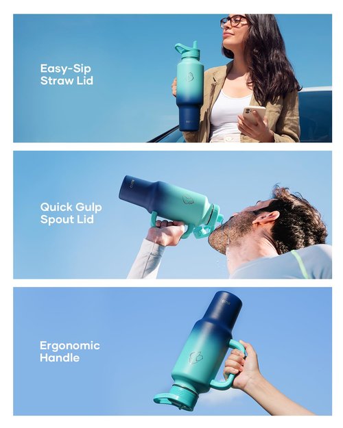 BUZIO Stainless Steel Water Bottle Fits in Cup Holder with Straw Spout Lid, 40 oz Insulated Tumbler with Handle, Double Wall Travel Mug Keep Cold 48hrs Hot 24hrs, Caribbean Blue