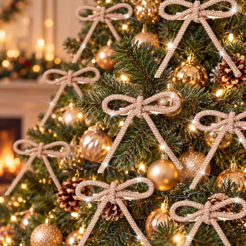 Suncalla 12 pcs Gold Glitter Rhinestone Christmas Tree Bows 3.2"x2.8" with Clips - Holiday Decorations