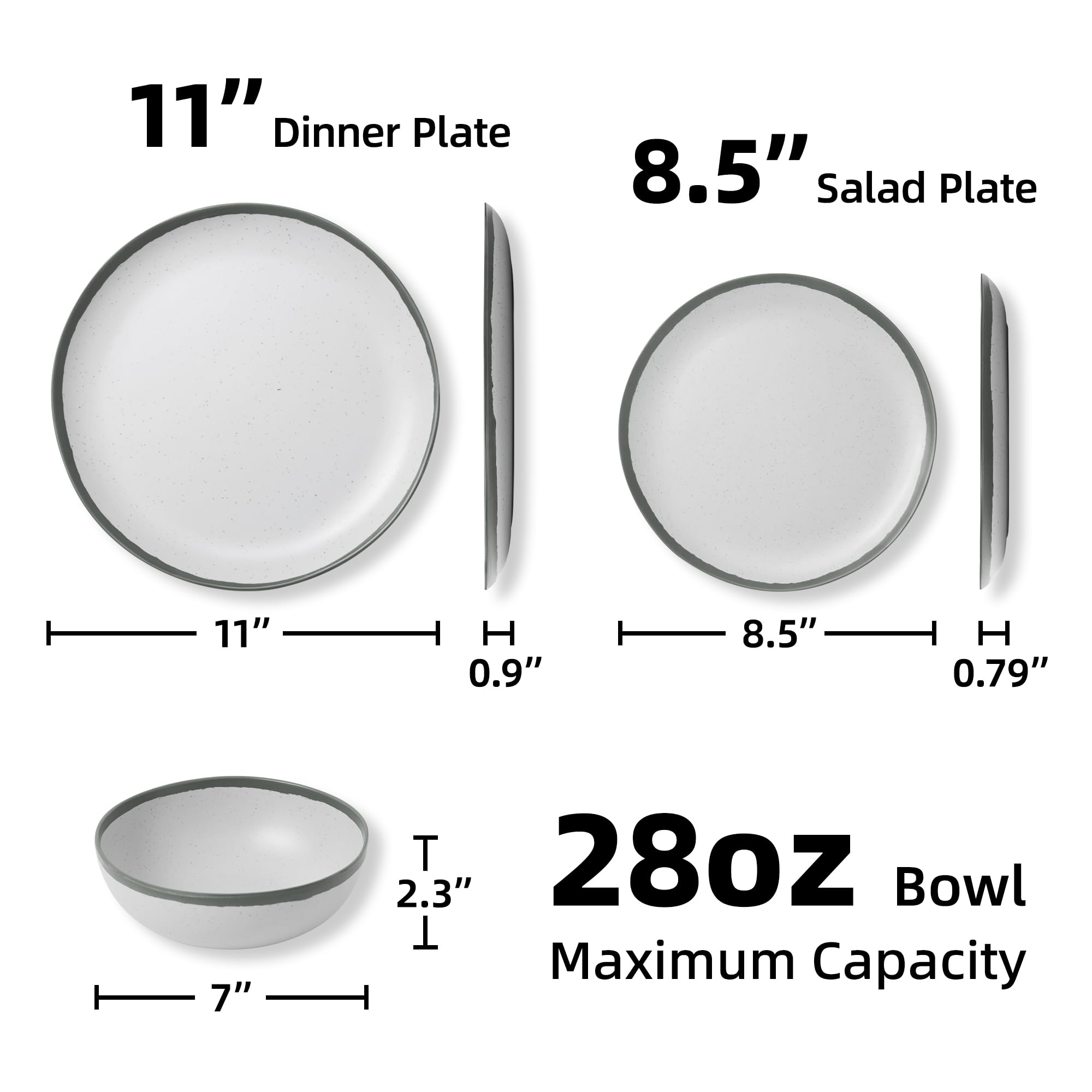 Joviton HOME 18PCS Grey Rim Vintage Melamine Plastic Dinnerware Set for 6 Outdoor Plates and Bowls Sets, Dishes Set