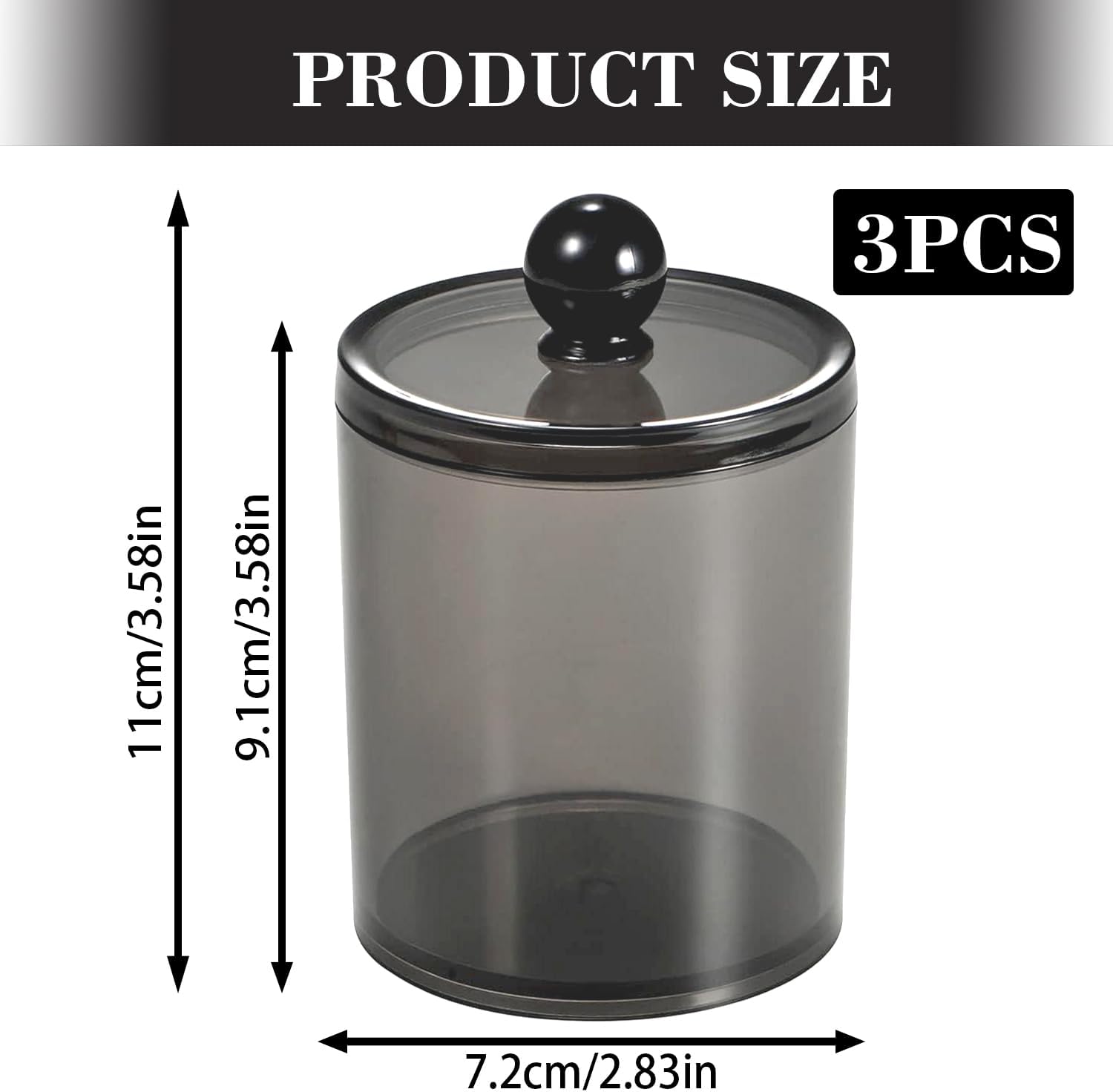 Skiennix Cotton Buds Dispenser - Clear Black Round Holder | 10 oz Apothecary Jar Set for Bathroom Storage