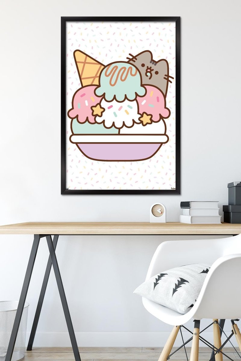 Pusheen - Ice Cream Wall Poster, 34L" x 22.4W", Black Framed Version