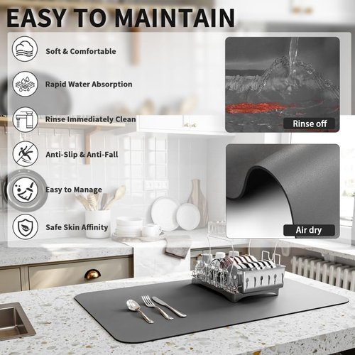 HotLive Dish Drying Mat for Kitchen Counter, Heat Resistant Drainer Mats with Non-slip Rubber Backed, Hide Stain Kitchen Super Absorbent Draining Mat, Easy to Clean Dish Rack Pad, Dark Grey 18"x32"