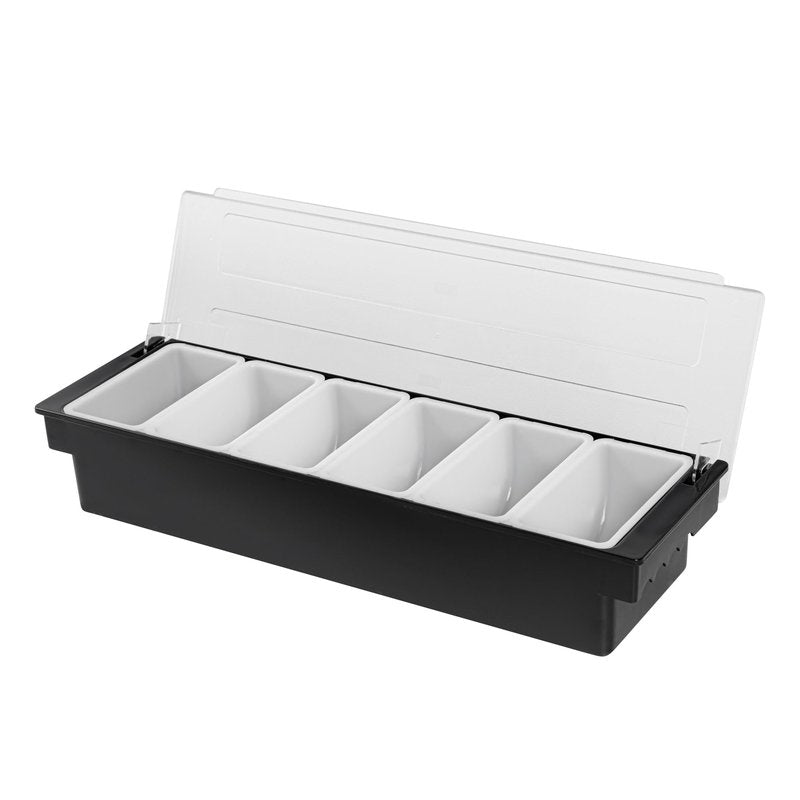 Restaurantware Bar Lux 19.6 x 6.3 x 3.7 Inch Condiment Caddy 1 Durable Bar Caddy - 6 Removable Compartments Built-In Lid Black Plastic Condiment Holder For Restaurant Store Cocktail Garnish