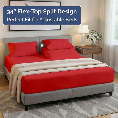 Flex Top Split Head King Sheet Set - Comfy Cooling Bed Sheets | Ultra-Soft Luxury Bedding - Deep Pockets, Red