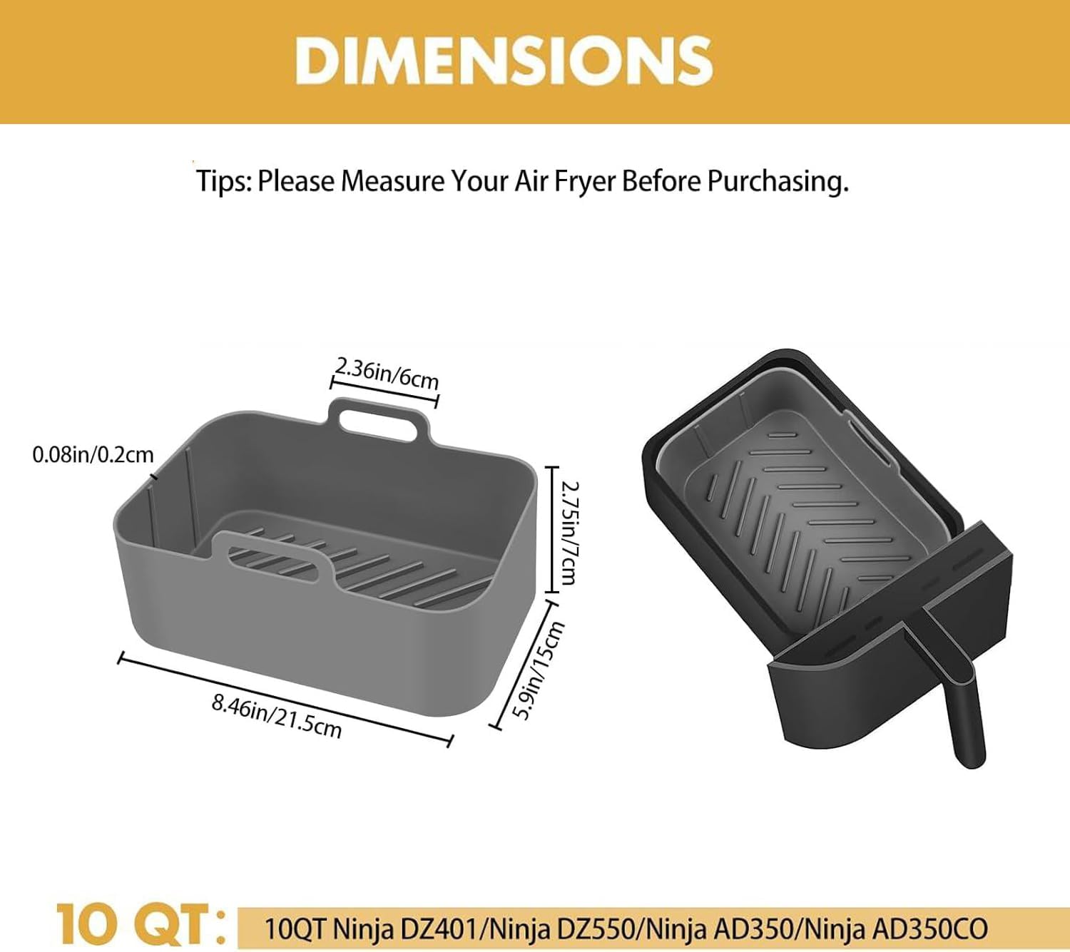 Skiennix Silicone Air Fryer Liners - Reusable Rectangular Basket Inserts for Ninja 10QT | 2 Pcs Grey