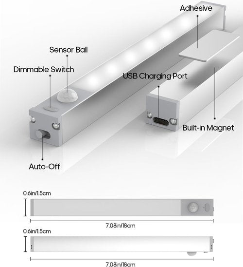 GOODEA 6-Pack LED Under Cabinet Lights - Wireless Rechargeable Motion Sensor | Dimmable Indoor Lighting for Closets, Stairs, Hallways