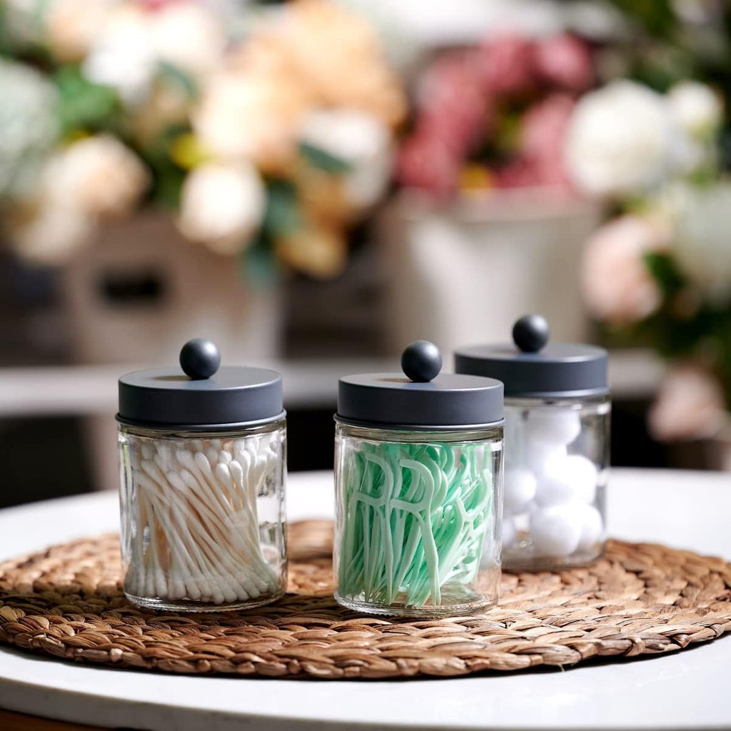 Amolliar Apothecary Jars - Stylish Bathroom Storage Organizer | Glass Canister Set with Lid for Q-Tips, Cotton Swabs & Makeup Accessories - Grey (2 Pack)