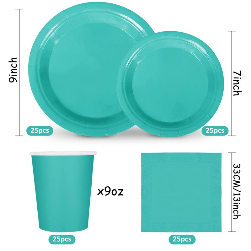 Whaline 100Pcs Teal Tableware Set Teal Blue Disposable Dinnerware 50Pcs Paper Plate 25Pcs Napkin 25Pcs Cup for Birthday Wedding Baby Shower Family Picnic Party Supplies Table Decor