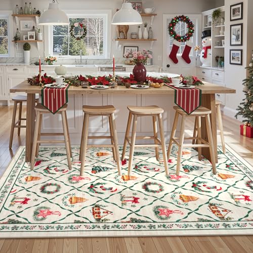 LIVEBOX 5x7 Beige Green Christmas Rug - Holiday Wreath Tree Farmhouse Decor