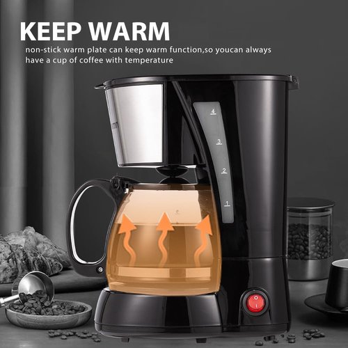 Nehilumn 4 Cups Drip Coffee Maker, Coffee Pot Machine Permanent Coffee Filter, Mini,20Oz Electric Coffee Maker,650W Black and Stainless Steel