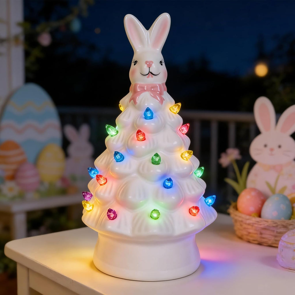 Skiennix Easter Decorations - Adorable Ceramic Bunny Tree Night Light for Home & Kids' Gifts
