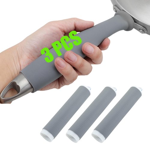 LMSM 3 Pcs Silicone Pot Handle Cover Heat Resistant, Cast Iron Handle Cover Retractable Silicone Pot Handle Sleeve for Cast Iron Frying Pan Handle Holder (1.3 x 7 Inch, M), Gray
