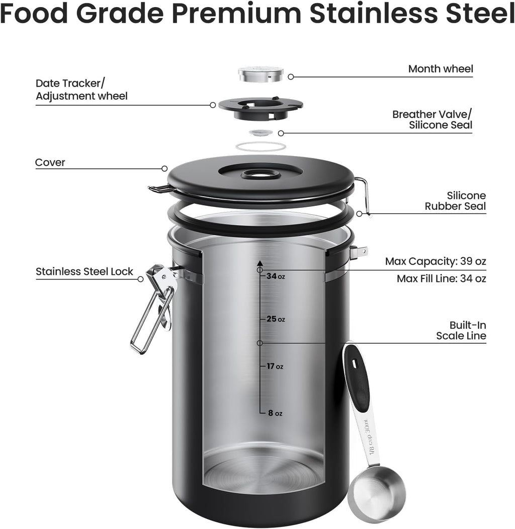 Veken Coffee Canister - Airtight Stainless Steel Food Storage Container | 39oz for Coffee, Sugar, Tea & More