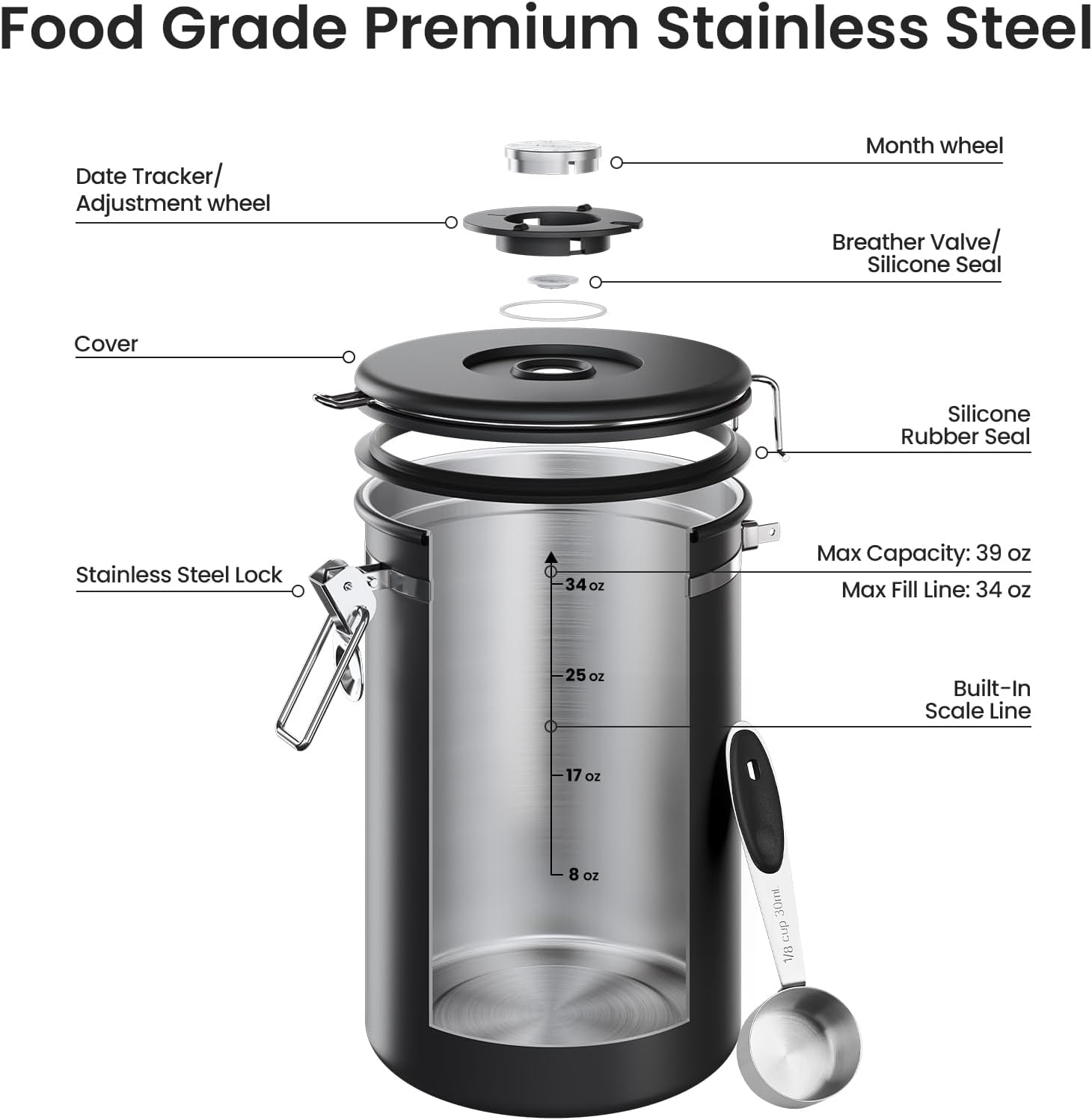 Veken Coffee Canister - Airtight Stainless Steel Food Storage Container | 39oz for Coffee, Sugar, Tea & More
