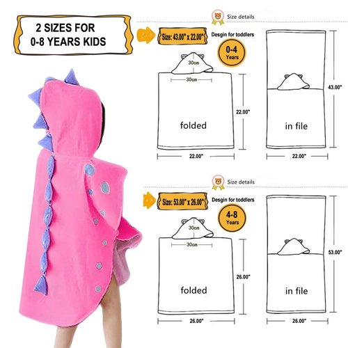 Kreomitxt Children Bath Towel Robe Kids Hooded Beach Swimming Poncho Dinosaur Pattern for Kids 0-8 Years