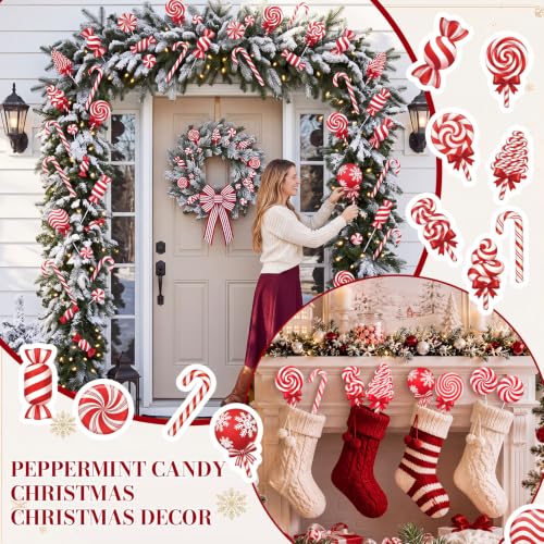 Soaoo 16 Pcs Candy Christmas Tree Decorations - Red & White Peppermint Picks, Holiday Party Decor