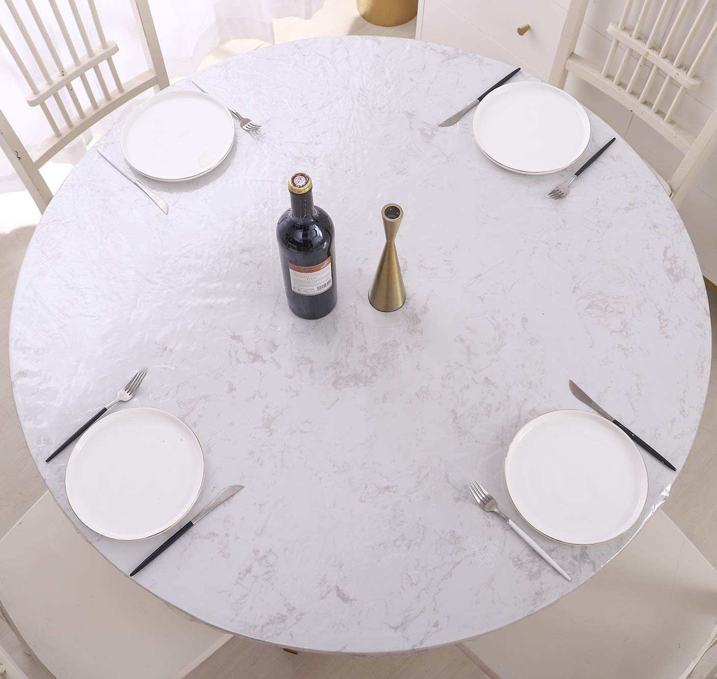 Walrus Clear Round Vinyl Fitted Tablecloth Waterproof Oilcloth Heavy Duty Elasticized Table Cover Elastic Edge Design Plastic Tablecloth Protector for Round Table