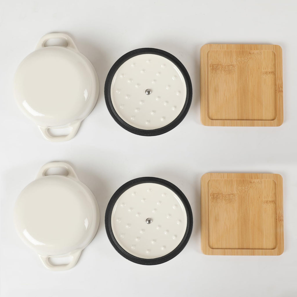HAWOK Enameled Cast Iron Mini Dutch Oven, Dia5.51”, 23oz, with Bamboo Tray, Set of 2, Oyster White