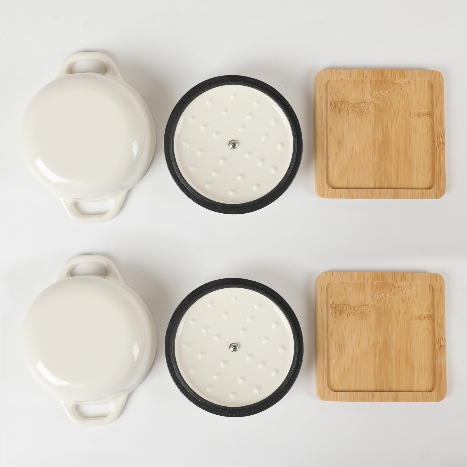 HAWOK Enameled Cast Iron Mini Dutch Oven, Dia5.51”, 23oz, with Bamboo Tray, Set of 2, Oyster White