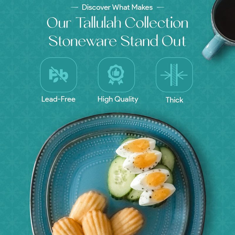 American Atelier 16-Piece Teal Stoneware Dinnerware Set - Includes Dinner Plates, Salad Plates, Bowls, Mugs