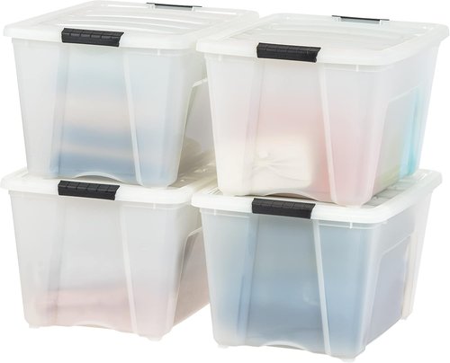 IRIS USA 54 QT Plastic Storage Box - BPA-Free, Durable Nestable Containers with Lid & Latches - Pearl | 4 Pack