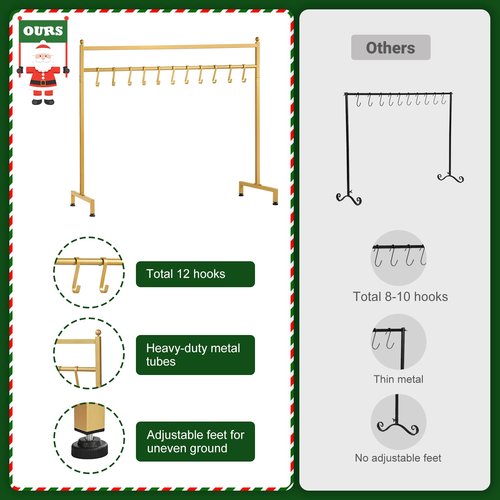 ELYKEN Christmas Stocking Holder, Freestanding Stocking Rack with 12 Removable Hooks, 60 LBS Loading Bearing Stocking Stand, Heavy Duty Metal Tubes with Stable Base and Adjustable Feet, Gold