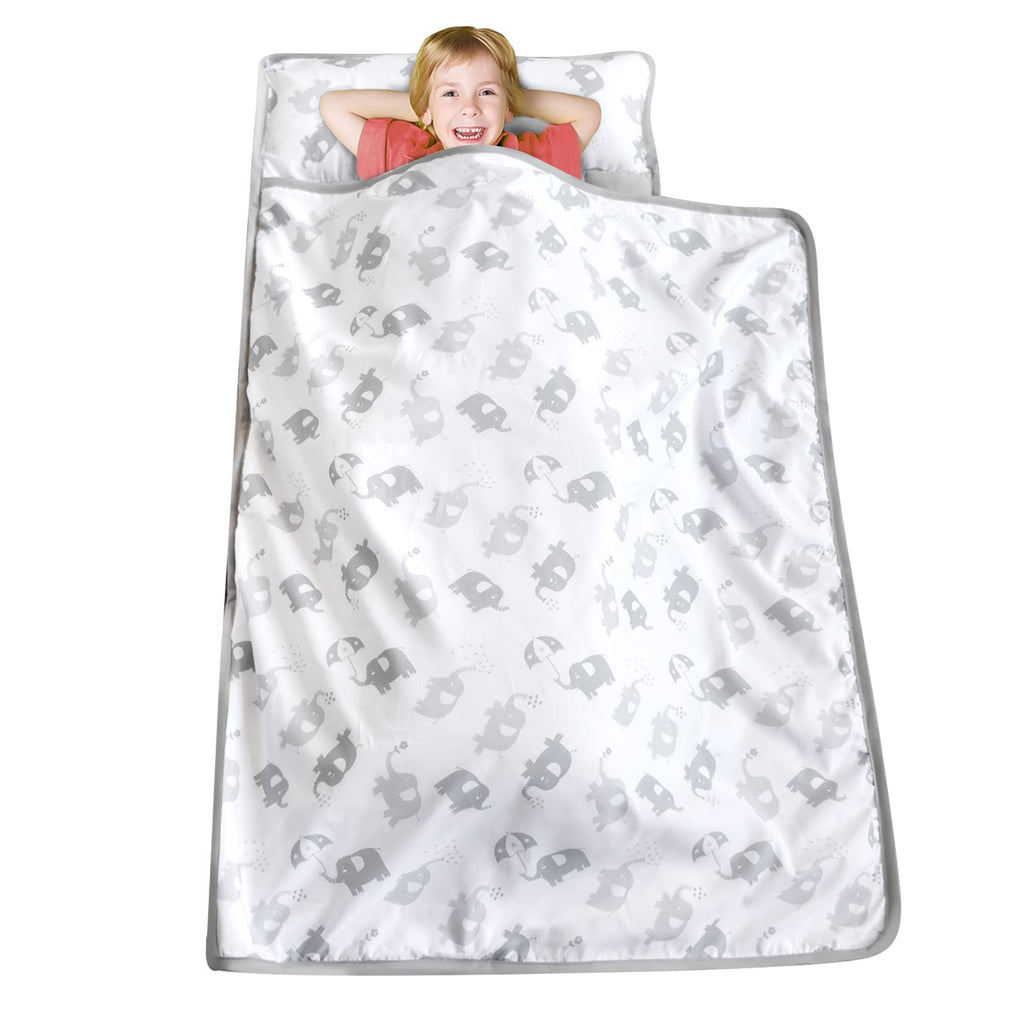 Moonsea Toddler Nap Mat with Fleece Minky Blanket, Lightweight, Soft Perfect for Kids Preschool, Daycare, Travel Sleeping Bag Boys and Girls, 21" x 50" Fit Standard Cot, Grey Elephant