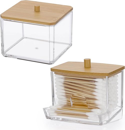 Hipiwe Acrylic Canister Jar Set - Clear Bathroom Dispenser for Q-Tips, Cotton Balls & Paperclips | 2 Pack