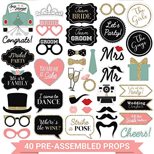 40-Piece Pre-Assembled Wedding Photo Booth Props - Pink and Teal Decor