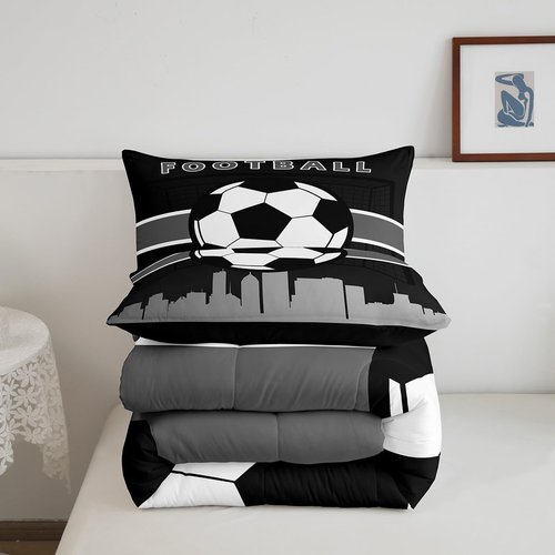 Erosebridal Little Boys Bedding Sets Twin Soccer Football Comforter Set for Toddler Kids, Sports Gamer Duvet Insert Video Game Gaming Bedding Comforters & Sets, Black Grey