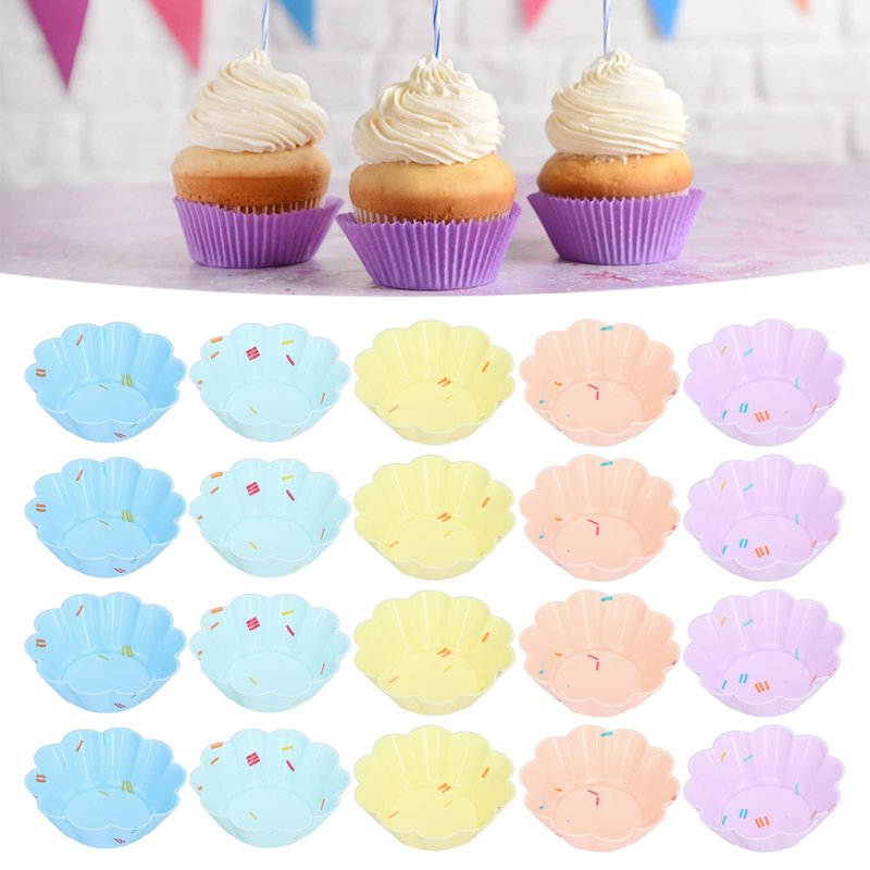 Silicone Cupcake Baking Cups, 20Pcs Reusable Small Muffin Liners Nonstick Pastry Muffin Molds Fancy Dessert Tray Petal Flower Set