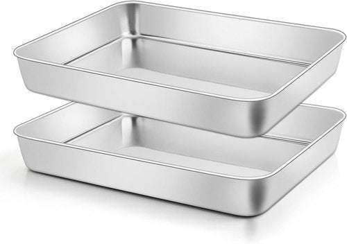Leonyo Stainless Steel Baking Pans - Nonstick Heavy Duty Set of 2 | 12⅓ x 9¾ x 2 Inch Deep Lasagna & Cake Pan