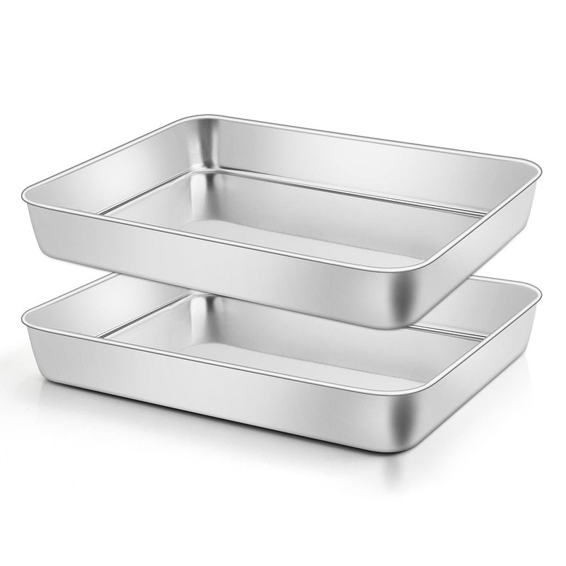 Leonyo Stainless Steel Baking Pans Set of 2, 12⅓ x 9¾ x 2 Inch Cake Pan, Nonstick & Heavy Duty, Deep Rectangular Lasagna Pan Sheet Bakeware for Focaccia, Bread, Brownies, Casseroles Dish