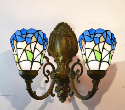 HUIMEIJU Tiffany glass shades, blue and white shades, stained glass fan shades, wall lamps, pendant shade replacement shades. (2PCS)
