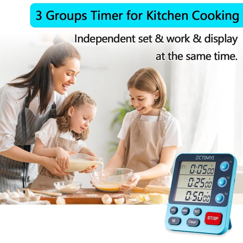 Dual Digital Timer for Kitchen Cooking, 3 Channels Count Down/Up Triple Timer for Kids, Presets Memort Large Display & Magnetic Back Adjustable Alarm Volume, Suit for Kids Teachers Studying, Blue
