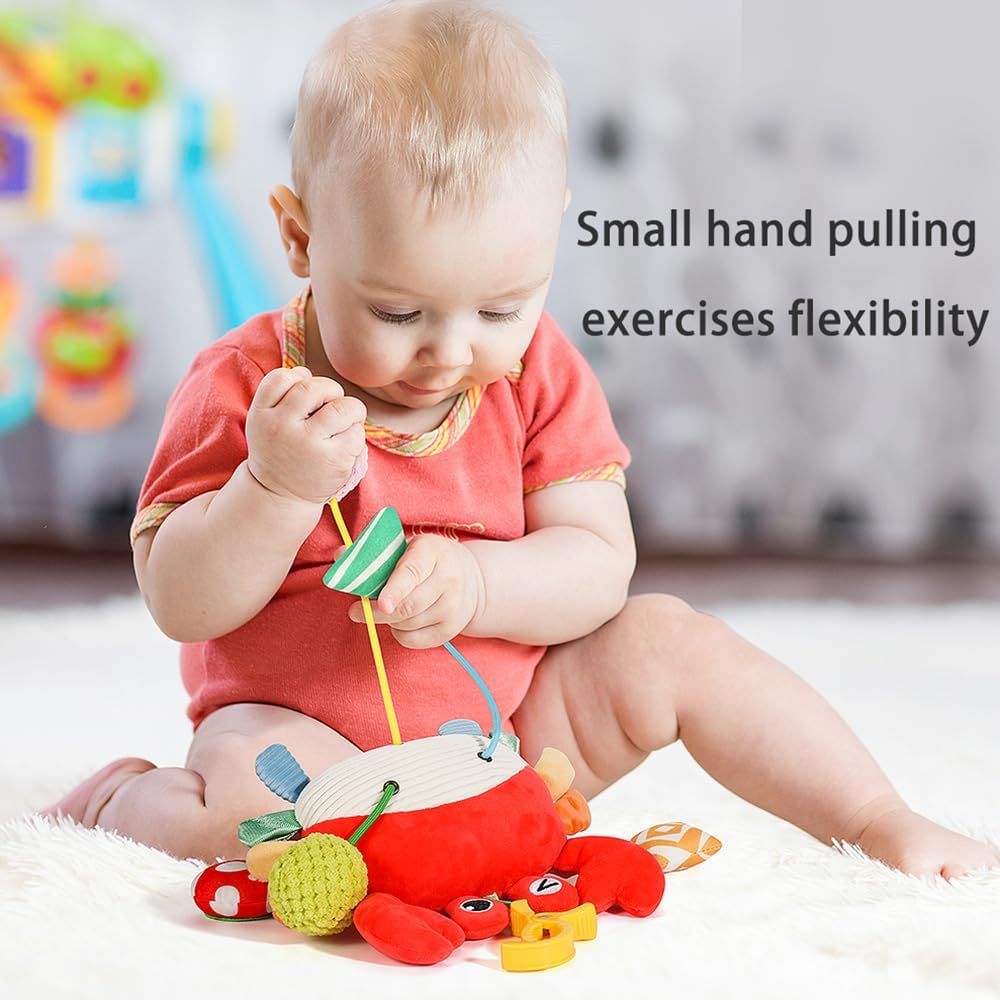 Skiennix Car Seat Toys for Babies 0-12 Months - Plush Activity Toy with Rattle, Mirror & Clip-On Design