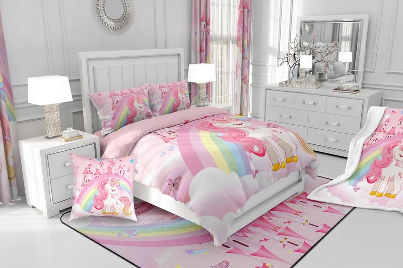 Erosebridal Unicorn Queen Comforter Set for Girls Kids Rainbow Princess Pink Unicorn Bedding Set Teens Adult Kawaii Cute Castle Stars Bed Sets Cartoon Horse Reversible Quilt Fantasy Girls Room Decor