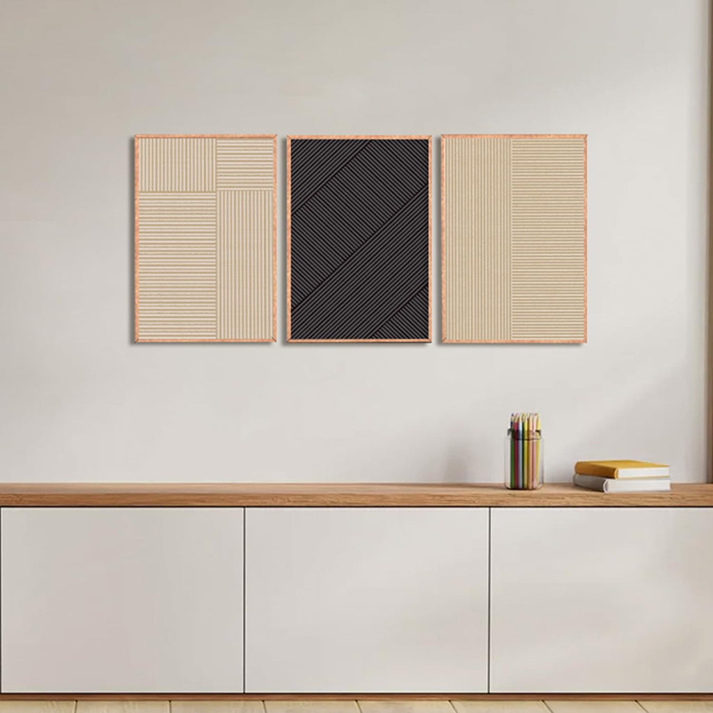 KAIRNE Modern Minimalist Wall Art Set of 3, Beige and Black Striped Geometric Prints with Wood Frame, Abstract Textured Wall Decor for Living Room, Bedroom, Office - 16x24 inch