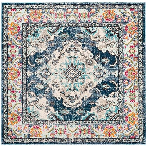 SAFAVIEH Monaco Collection Area Rug - 4' Square, Navy & Light Blue, Boho Chic Medallion Distressed Design, Non-Shedding & Easy Care, Ideal for High Traffic Areas in Living Room, Bedroom (MNC243N)