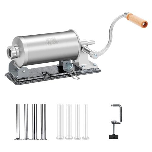 MZTOGR Sausage Stuffer, 2.5LBS Stainless Steel Horizontal Sausage Maker, Homemade Manual Meat Filling Kitchen Machine with 8 Stuffing Tubes