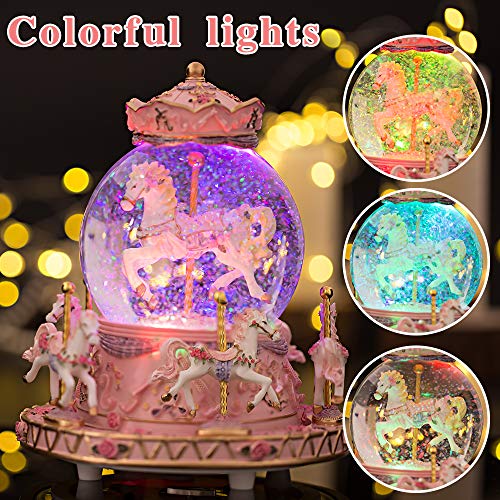 Carousel Music Box with LED Color Lights, Rotating Snow Globe Decor